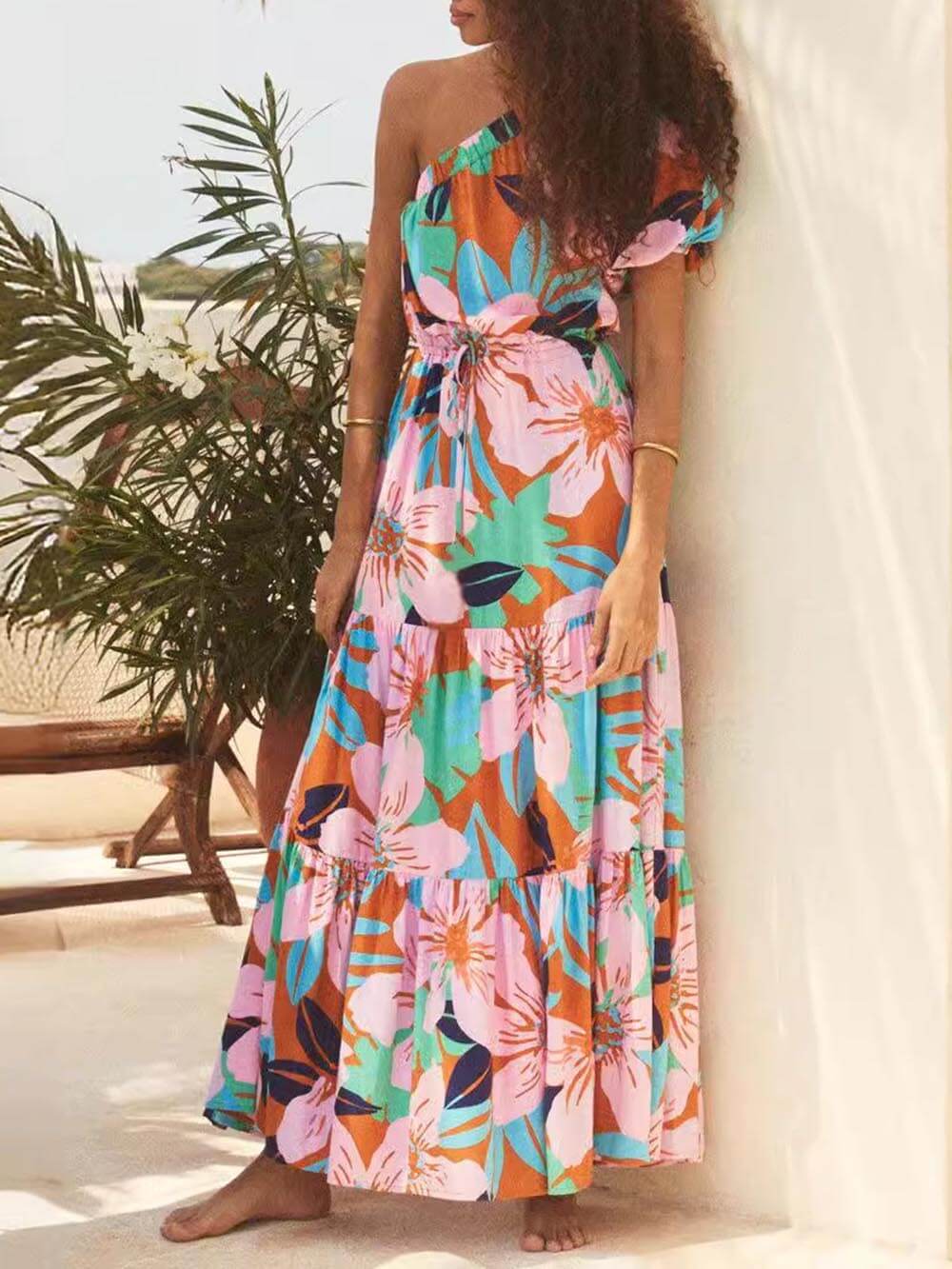 Off-Shoulder Palm Leaf Print Holiday Style Floral Dress