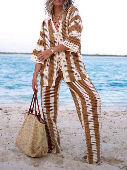 Loose V-Neck Fashion Hollow Out Striped Shirt Wide Leg Pants Set