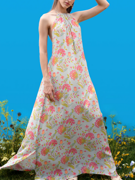 Halter-Back Hand-Drawn Prints Maxi Dress